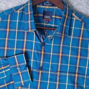 INDIAN TERRAIN Slim Fit Teal Plaid Cotton Tencel Long Sleeve Shirt Size Large